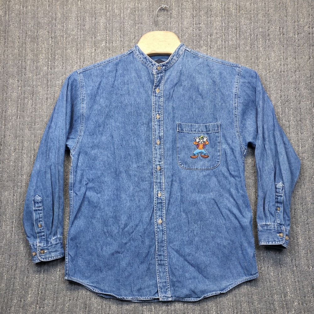 Vintage 90s Disney Goofy Embroidered Denim Jean Shirt Men's Medium Band Collar
